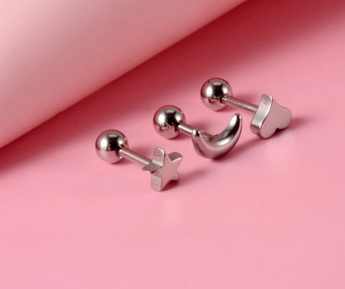 3 pcs Moon & Star Studs