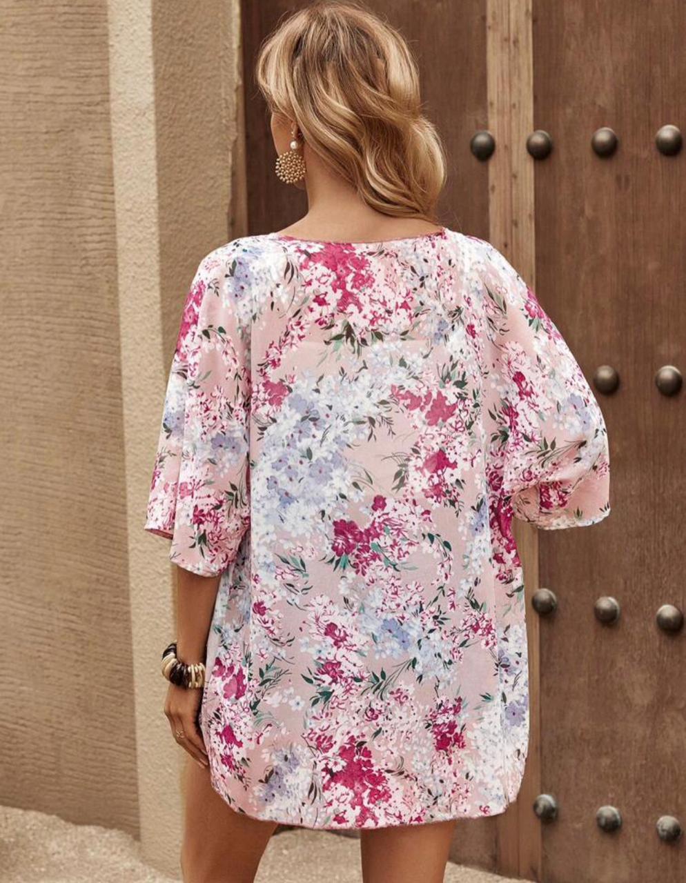 Floral Print Batwing Sleeve Chiffon Kimono