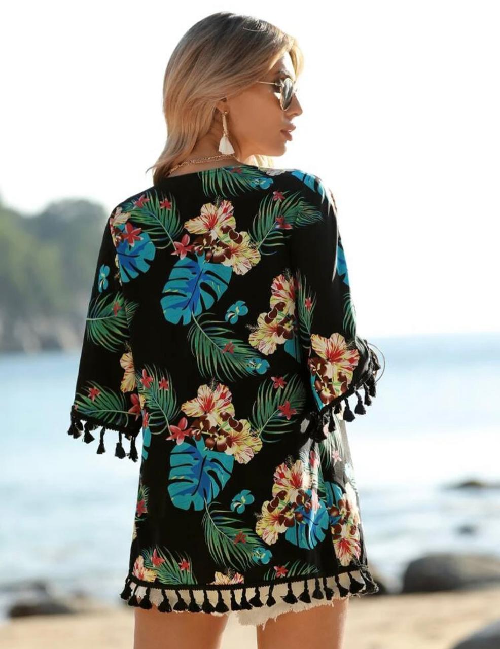 Tropical Print Tassel Kimono