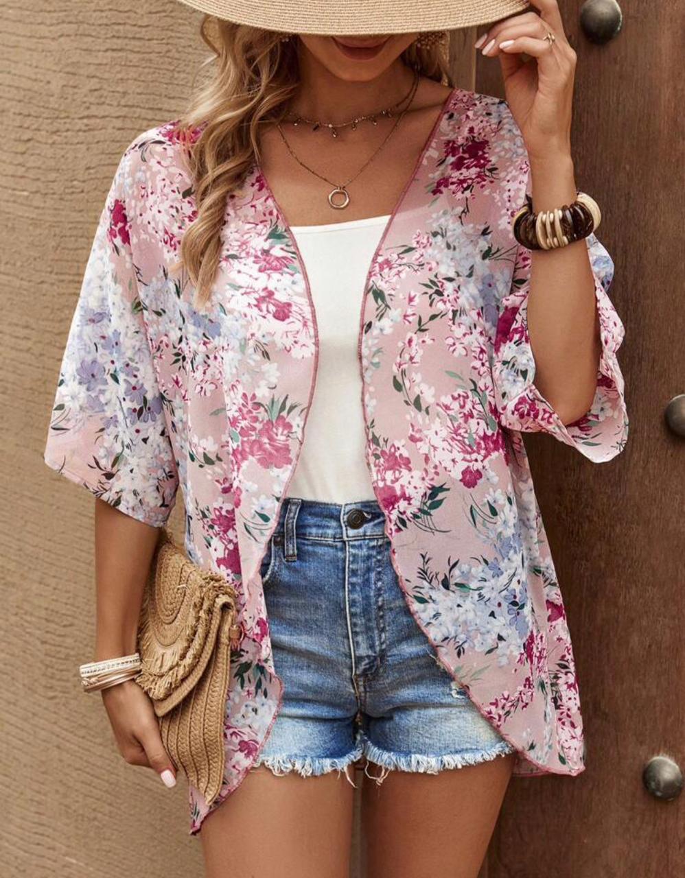 Floral Print Batwing Sleeve Chiffon Kimono