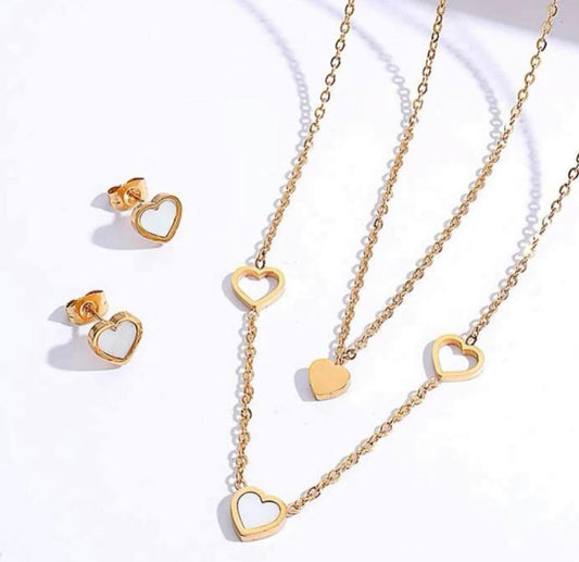 Heart Layered  Necklace & Stud Earrings