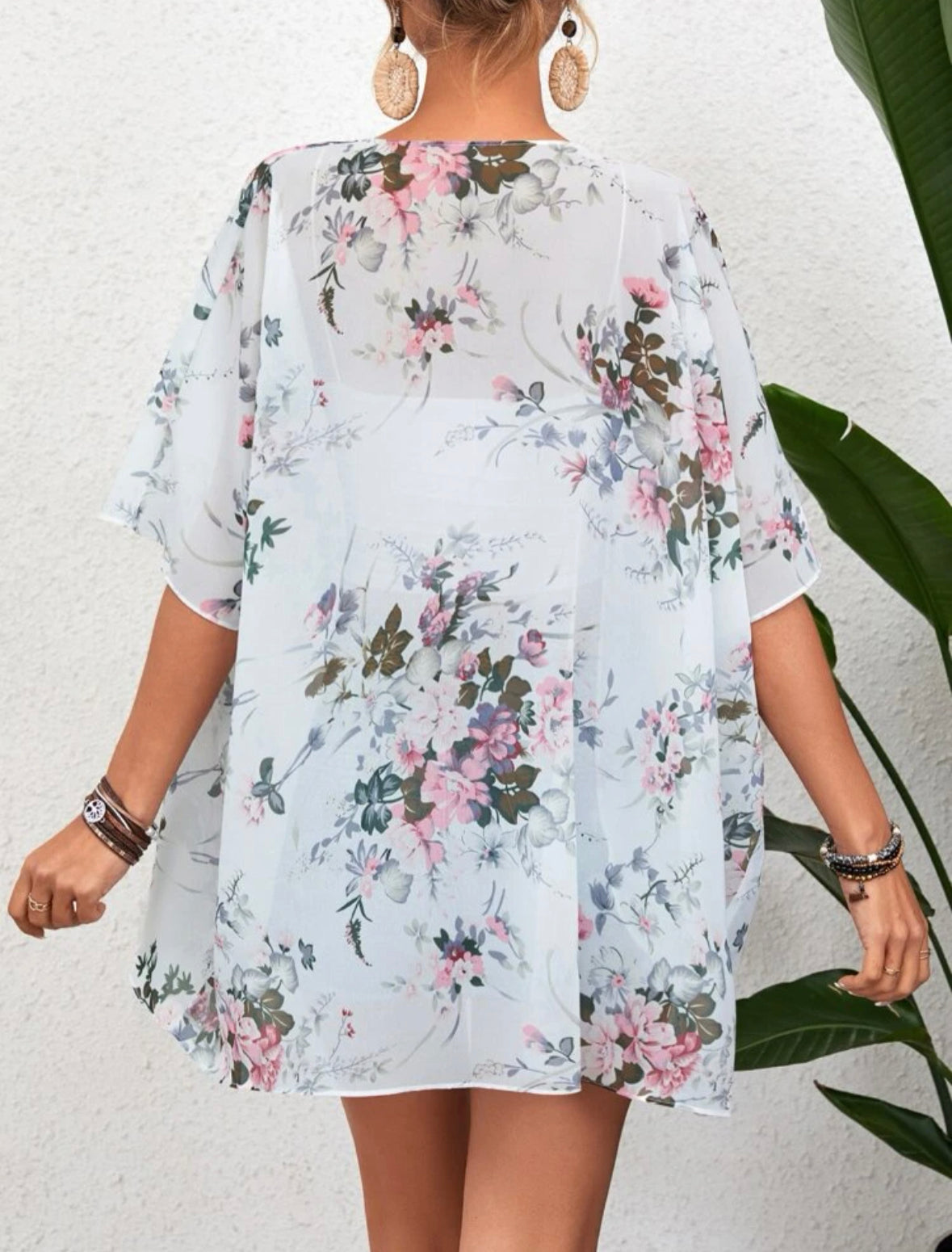 Floral Print Batwing Sleeve Chiffon Kimono