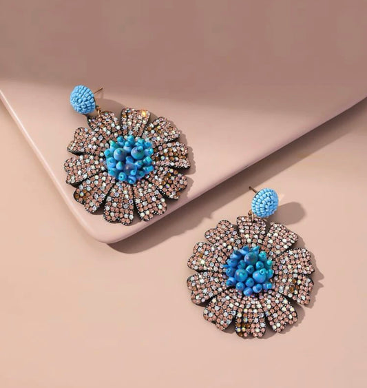 Blue Beaded Round Earrings