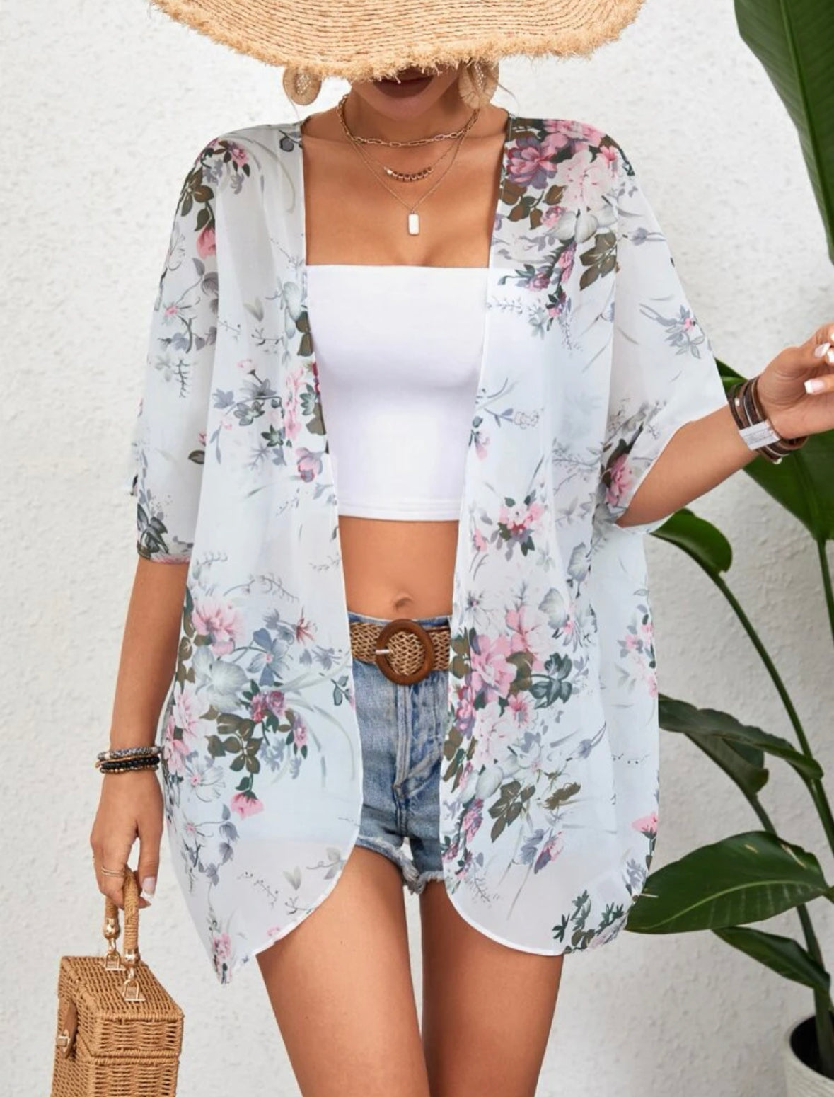 Floral Print Batwing Sleeve Chiffon Kimono